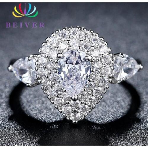 Beiver Luxury Clear Zircon Water Drop Wedding Bands Rings for Women White Gold Color Jewelry 2019 New Arrivals R418 Dropshipping