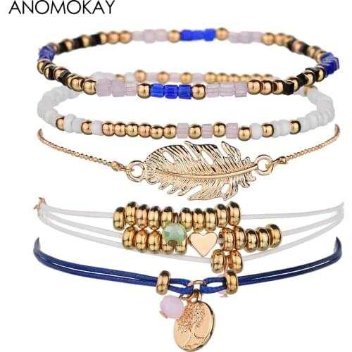5 PCS/LOT Handwork Leaf Heart Wrap Chain Link Bracelet Gold Color Bead Vintage Bracelet Set for Women Braid Wrap Bracelet Gift