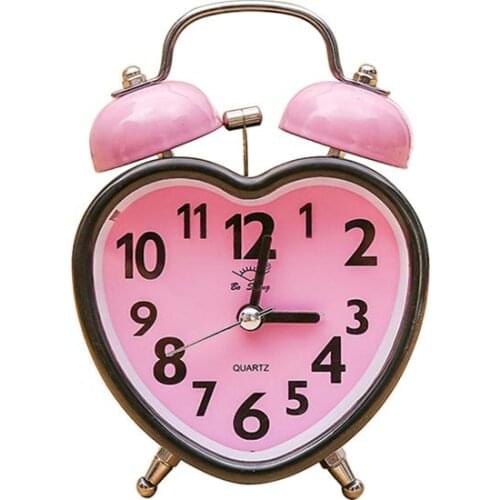 Heart Shape Double Bell Alarm Clock No Ticking Twin Bell Alarm Clock with Nightlight for Kids Girls Bedrooms (Pink)