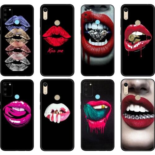 Black tpu Case For Honor 8a Prime 8s 9 10X Lite 9A 9C 9X Premium Pro 9S Case Cover Sexy vampire red lips Funny Halloween