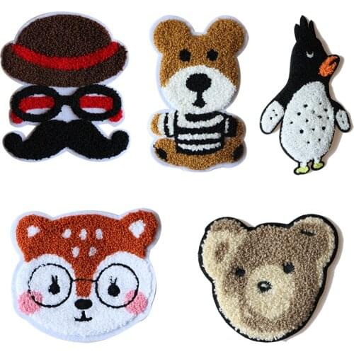 Cartoon Decorative Penguin Bear Cat Chenille Icon Towel Embroidered Applique Patches For DIY Iron on Badges on the Backpack
