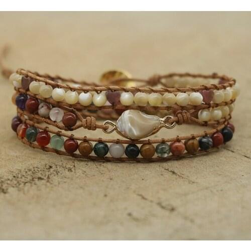 EDOTHALIA Fashion Natural Stone Mixed Boho Beads Bracelet Women Shell Conch Charm 3 Strads Wraps Leather Bracelet Dropship