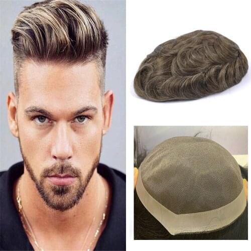 BYMC Indian Remy Hair Replacement System Mens toupee French Lace With PU Wig Human Hairpieces Toupee For Men