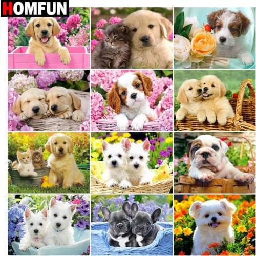 HOMFUN Diamond Painting Cross Stitch "Dog flower animal" Full Square Round Diy 5d Diamond Embroidery Picture Rhinestone Art