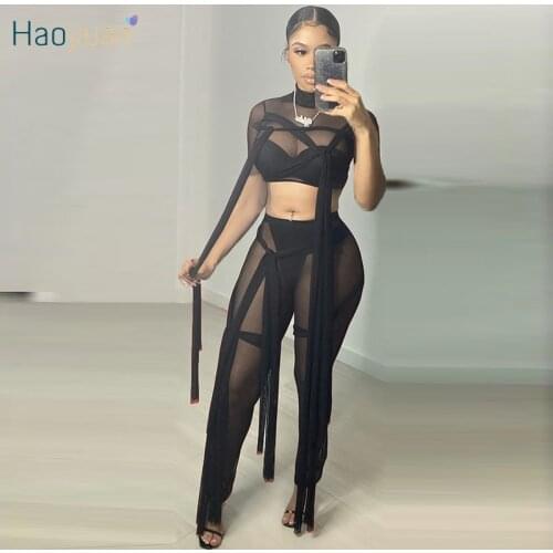 HAOYUAN Sexy Mesh Sheer Two Piece Set Short Sleeve Crop Top Bodycon Bandage Pants for Women Summer Club Outfits Matching Sets