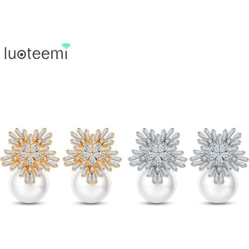 LUOTEEMI New Classic Clear AAA Zircon Snowflake Stud Earring White Color Big Imitation Pearl Brincos for Women Girl Party Gift