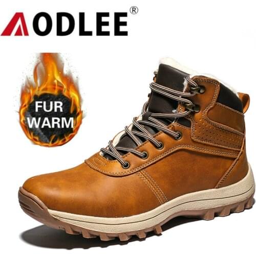 AODLEE Leather Men Boots Waterproof Winter Fur Super Warm Snow Boots Men Sneakers Plush Mens Ankle Boots Female botas hombre
