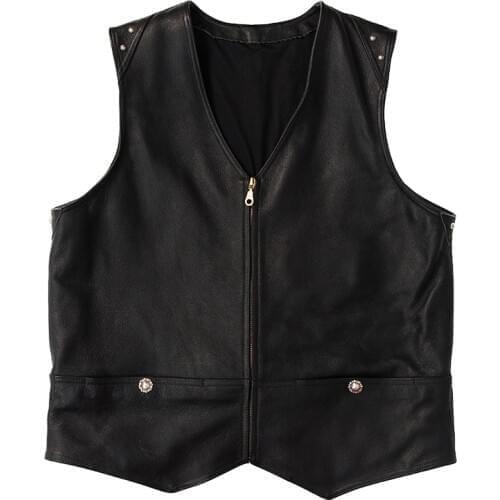 Mens Real Leather Waistcoat Motorcycle Biker Vest Black Genuine Leather Cowhide Sleeveless Jacket Handmade High Quality