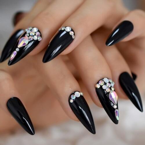 Handmade 3D Bling False Press on Nails Black Color Stiletto Wear Finished Wearable Full Cover Fake Nail Tips for Girls and Women