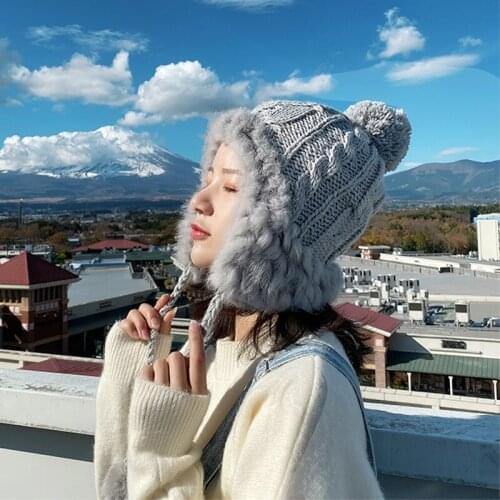 2021 New High Quality Rabbit Hair Autumn Winter Cute Warm Ears Knitted Hat for Woman Grey Black Ball Top Warm Hat Baotou Cap Hat