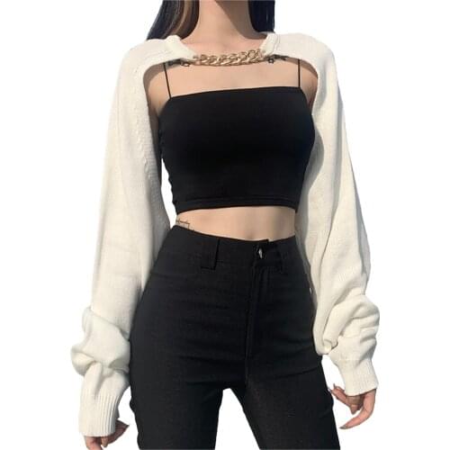 New Womens Sexy Knitwear With Decorative Chain Solid Long Sleeve Bolero Versatile White Black Style Unique