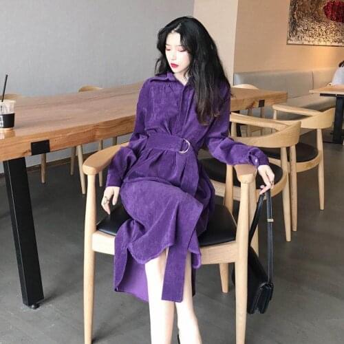2020 Autumn Winter Women Corduroy Purple Dress Korean Style Solid Color One Piece Long Dress Chic Slim Fit Long Sleeve Vestidos