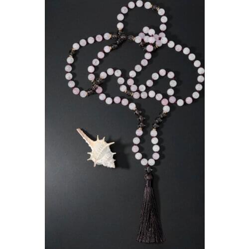 OAIITE 8mm Pink Quartz and Smoky Quartz Mala Necklace Handmade Knot 108 Beads Strand Necklace for women Yoga Meditation Jewelry