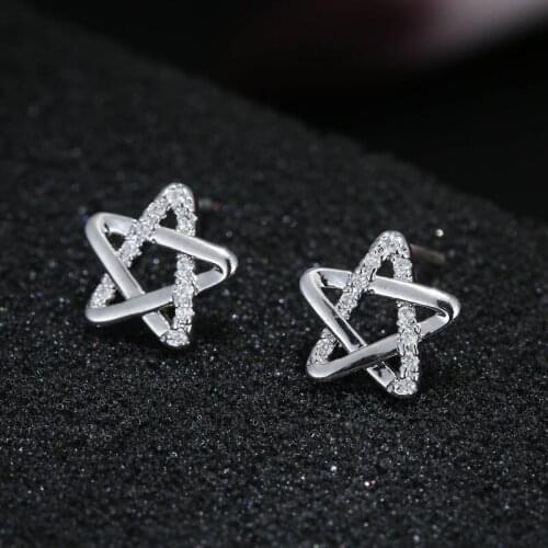 Real 925 Sterling Silver Hollow Crystal Stars Stud Earrings For Women Girl Prevent Allergy Statement Sterling-silver-jewelry