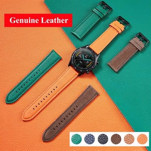 Genuine Leather Watchbands 20mm 22mm for Huawei GT 2 Honor GS Pro Magic Watch Lychee Texture Band Strap Bracelet Quick Release