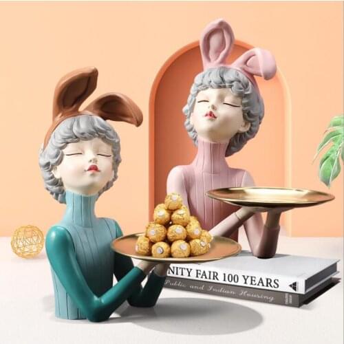 Nordic Rabbit Ear Resin Girl Metal Tray Decoration Home Livingroom Storage Box Figurines Crafts Coffee Table Statue Ornaments