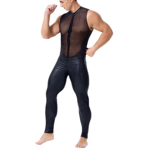 Sexy Men Body Suit Appeal Clothes Mesh Sheer Sleeveless Jumpsuits Wild Patent-Leather Gauze Patchwork Show Club Gay Boy Clubwear