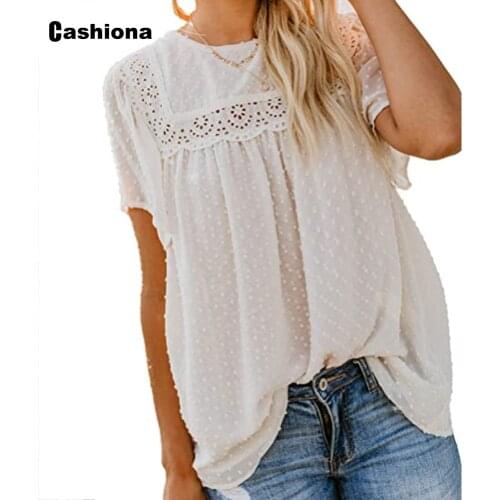 Cashiona 2021 Patchwork Lace Dot Casual Shirt Women Chiffon Blouse Hollow Out Basic Tops Summer Elegant Shirt Femme Clothing