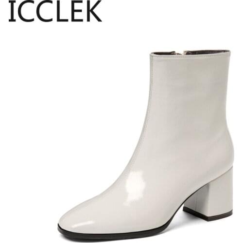 2021 New Autumn Winter Leather Retro Square Toe Zipper Ankle Boots Square Heel All Match Women Shoes Size 35-42