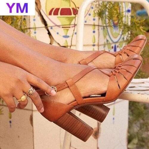 New Style Women Summer Square High-heeled Sandals Fashion Casual Buckle Sandals Retro Round Toe Hollow Ladies Dance Shoes Party