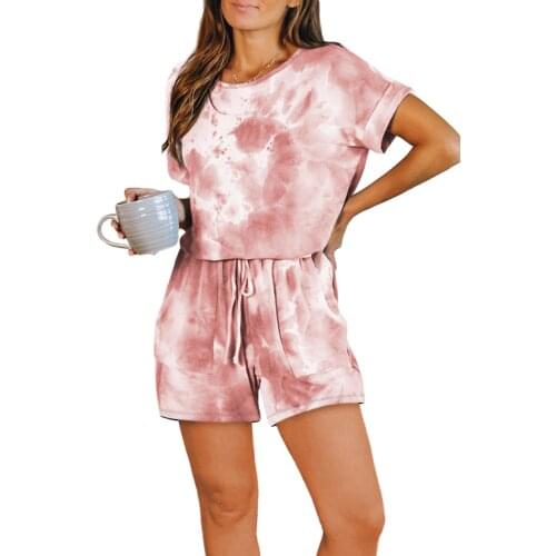 2020 Casual Summer Tie-dye Print Tracksuit Women Summer New Rompers Leisure Gradient Print Home Sweatsuit Short Sleeve Clothing