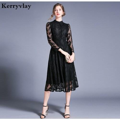 New Autumn Retro Women Black Lace Dress Vestidos De Verano Mujeres 2021 Jacquard Long Sleeves Midi Party Dress Zomer Jurk K8194