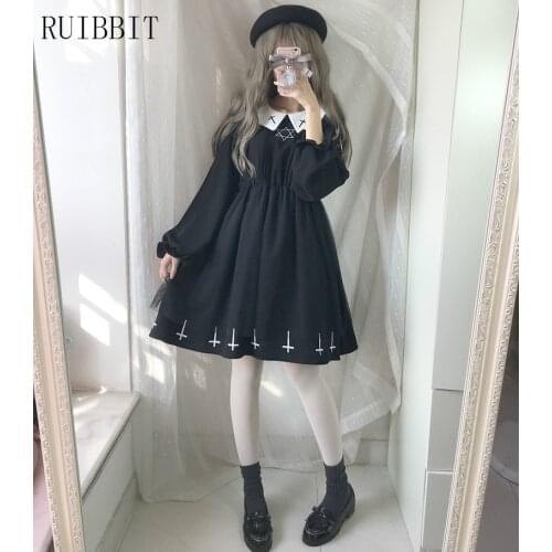 Women Japanese lolita Soft Sister Preppy Style Harajuku Dark Girl Black Dress JK Uniform Embroidery With Peterpan Collar Dresses