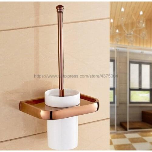 Rose Gold Brass Bathroom Toilet Brush Holder Wall Mounted, With Ceramic Cup Cleaning Tools Toilet Bowl Brush Set Nba869