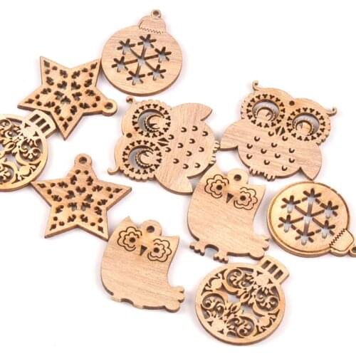 Mixed Christmas Ball/Owl/star Cutouts DIY Wood Slices Crafts Scrapbooking Handmade Home Decoration Wooden Ornaments 10pcs m1848