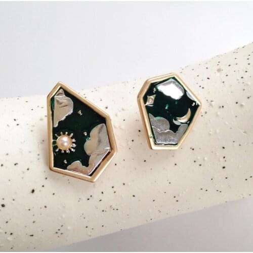 Asymmetric Sun Moon Irregular Earrings with Clips Cloud Green Charm Earrings