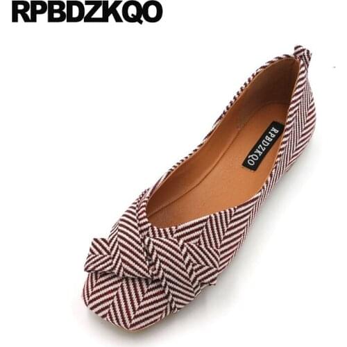 Kawaii Cheap Ballerina Bow Large Size Square Toe Women Flats Shoes With Little Cute Bowtie Breathable Red Cloth Ballet Striped