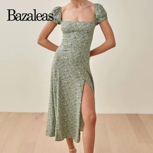 Bazaleas Summer Green Floral Print Vestidos Holiday Square Collar Women Midi Dress Vintage Chiffon Girl Dress