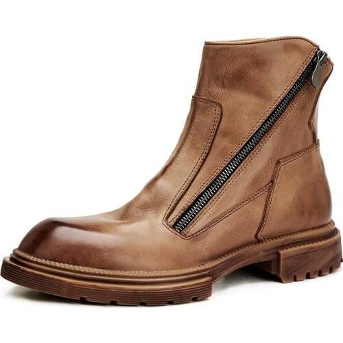 Autumn Winter Chelsea boots men Zipper High top Fashion Boots Men Shoes Cowhide Thick bottom Short Boots Military Boots round