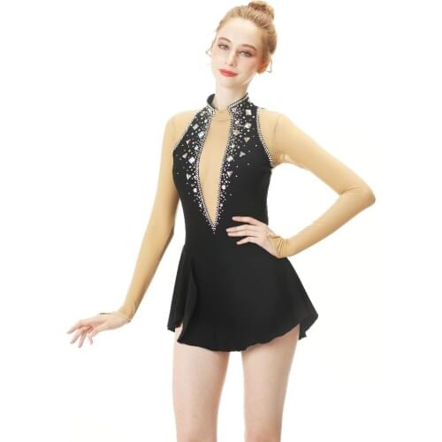 Black Figure Skating Dress Long-Sleeved Ice Skating Skirt Spandex Ice Skating Dresses