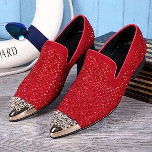 Christia Bella Fashion Red Suede Leather Male Rhinestone Loafers Shoes Party Dress Mens Slip on Shoes Man Big Size Flats Shoes