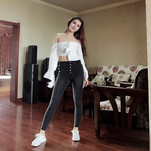 Elastic High Waist Skinny Jeans Women Street Single Breasted Denim Pencil Ankle-Length Pants Fashion Black Office Lady Jeans