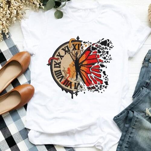 FIXSYS Women Lady Pocket Watch Butterfly Fashion Casual 90s Print Tee Womens Tshirt Female Clothes Graphic T-shirt