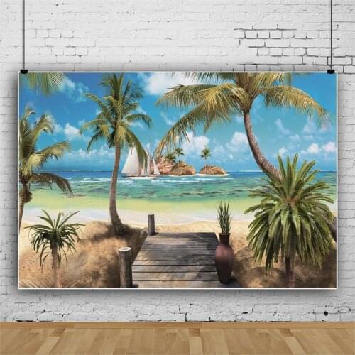 Summer Hawaiian Seascape Blue Sky White Clouds Sailboat Beach Coconut Tree Backdrop Photography Background Studio Wedding Photos