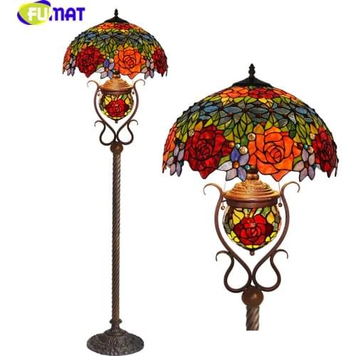 FUMAT Lash Floor Lamp Tiffany Antique Style China Rose Stained Glass Standard Lights Colorful Shade Cast Iron Flower Frame Decor