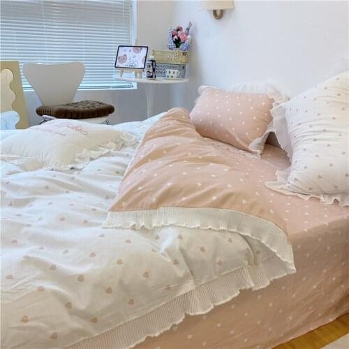 Ins Wind Bedding Set, Pure Cotton Girl Four-Piece Set, Ruffled Small Love Printing Quilt Cover, Bed Linen, 1.5/1.8 m Bed