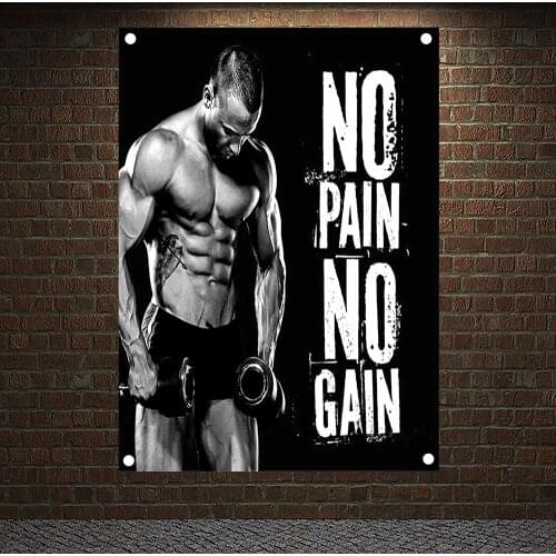 NO PAIN NO GAIN Motivational Workout Posters Wall Sticker Yoga Bodybuilding Fitness Banners Flags Wall Art Tapestry Gym Decor