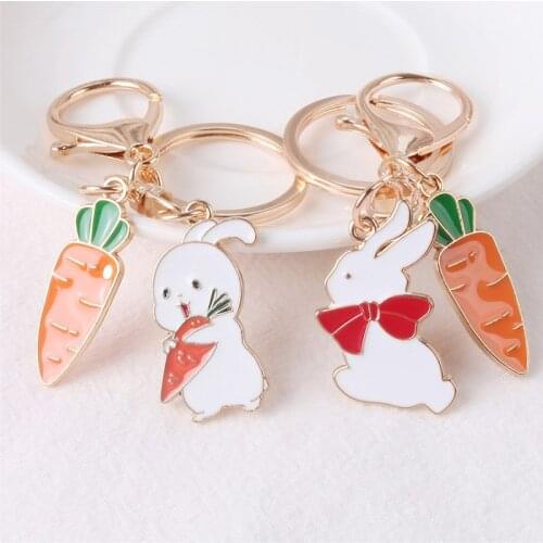New Alloy Metal Key Chains Creative Cute Bunny Carrot Key Pendant Keyring Couple Kids Bag Cartoon Keychain Jewelry Gifts