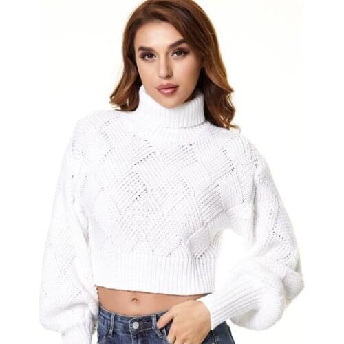 Autumn 2021 Knitted Womens Turtleneck Harajuku Lantern Sleeve Slim Short White Sweater Women Street Casual Pullovers Sweaters