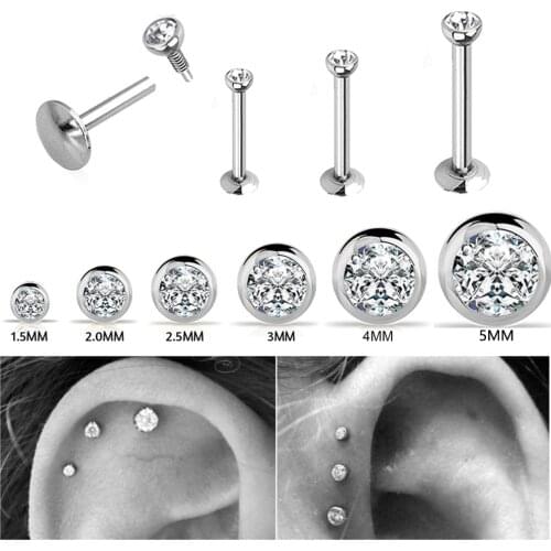 PAIR Surgical Steel Flat CZ Gem Ear Cartilage Tragus Helix Piercing Labret Lip Studs Ring Internally Thread 16g Body Jewelry