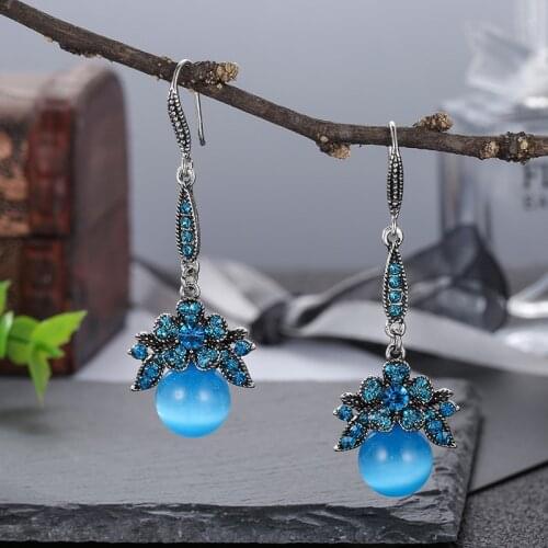 New Luxury Boutique Rhinestone Blue Opal Dangle Earrings For Women Bride Wedding Jewelry Fashion Cat Eye Stone Statement Earring