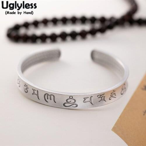 Uglyless Religious Gift Sanskrit ōng ma nī bēi mēi hōng Thai Silver Buddha Bangles for Women 999 Full Silver Concave Open Bangle