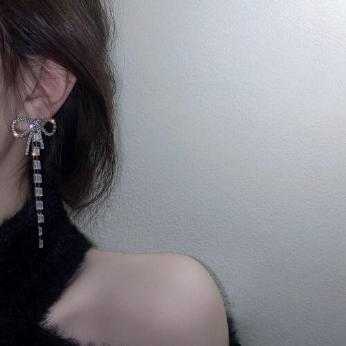Korean Style Zircon Tassel Geometric Shining Rhinestone Bowknot Dangle Earrings For Women Exquisite Retro Fashion Earring