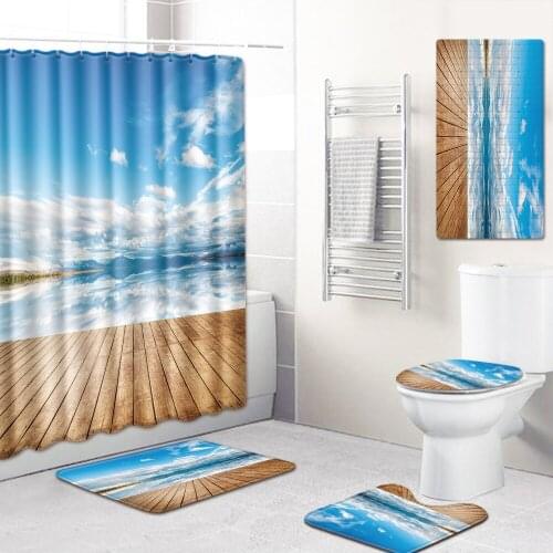 Sea View Shower Curtain Mat Toilet Cover Mat Non-Slip Kitchen Pad Five-Piece Carpet bathroom shower curtains and rugs