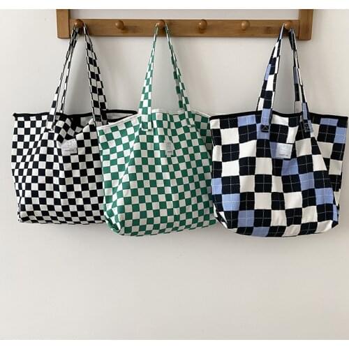 Women Large Canvas Tote Chequer Chess Pattern Extra Big Shoulder Bag Books Handbag Grocery Eco Cotton Shopping Bags For Ladies