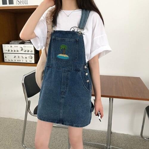 Korean women denim skirt tree coconut tree embroidery decoration strap skirt loose A-line skirt skirt fashion student skirt